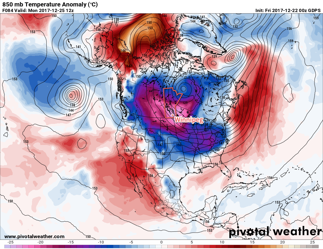 GDPS 850mb Temperature Anomaly Forecast valid 12Z Monday December 25, 2017