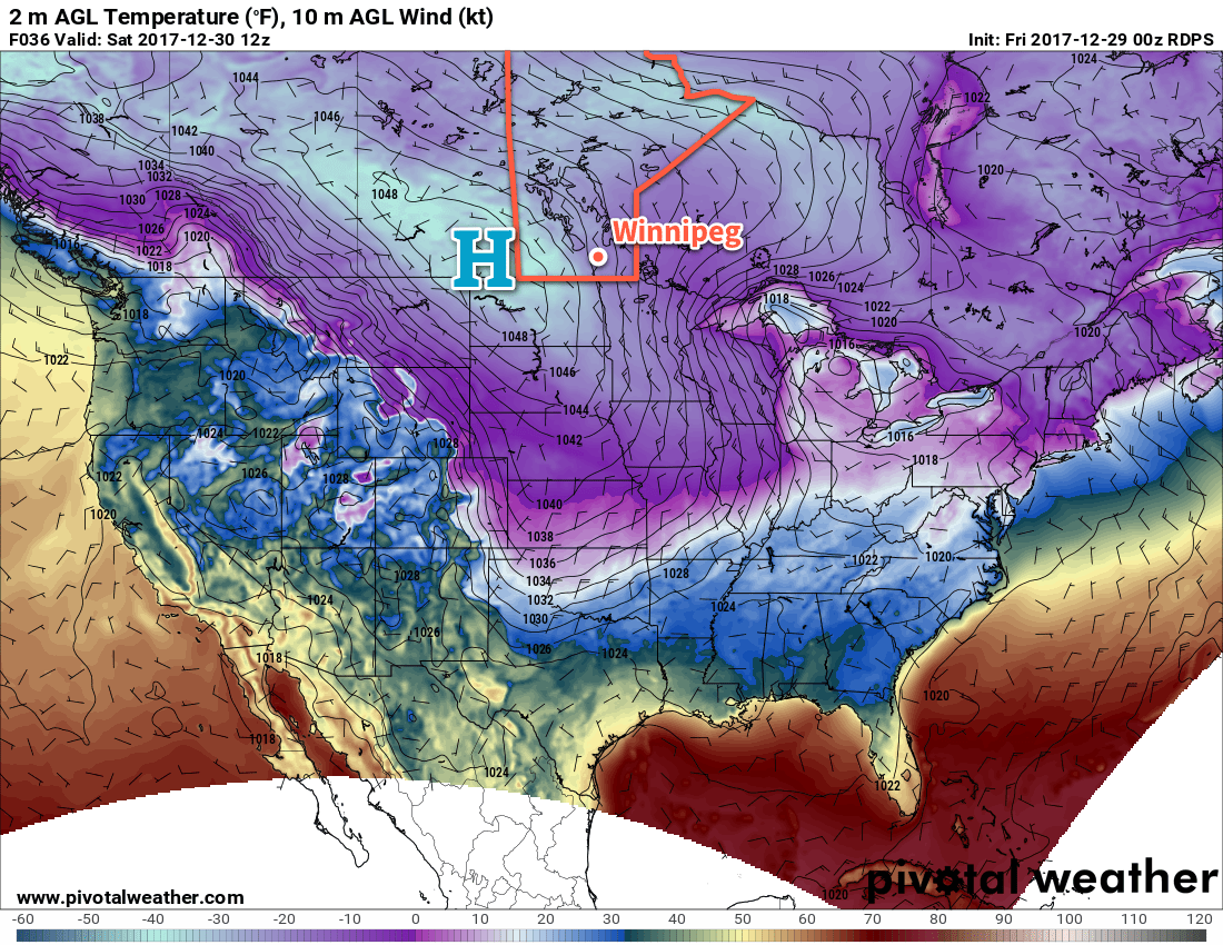 RDPS Forecast 2m Temperature with MSLP valid 12Z Saturday December 30, 2017