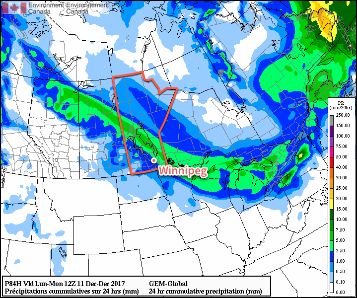 A low pressure system will bring 2 to 4 cm of snow along a swath of the Prairies as it moves through Sunday into Sunday night.