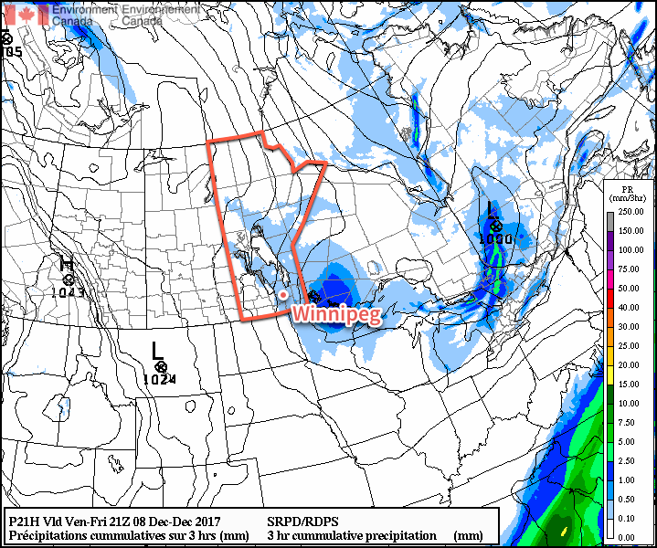 Light snow will spread across southern Manitoba on Friday behind a cold front sweeping through the province.