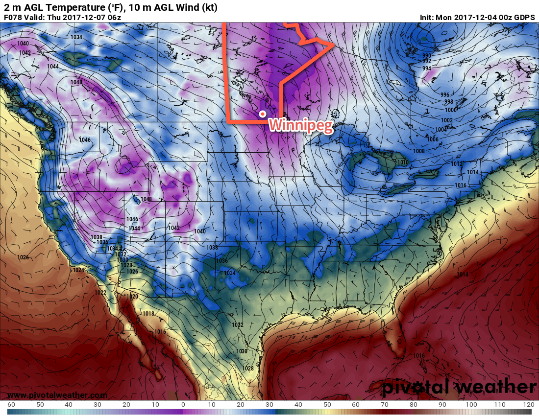 GDPS Forecast Surface Temperature valid 06Z Thursday December 7, 2017