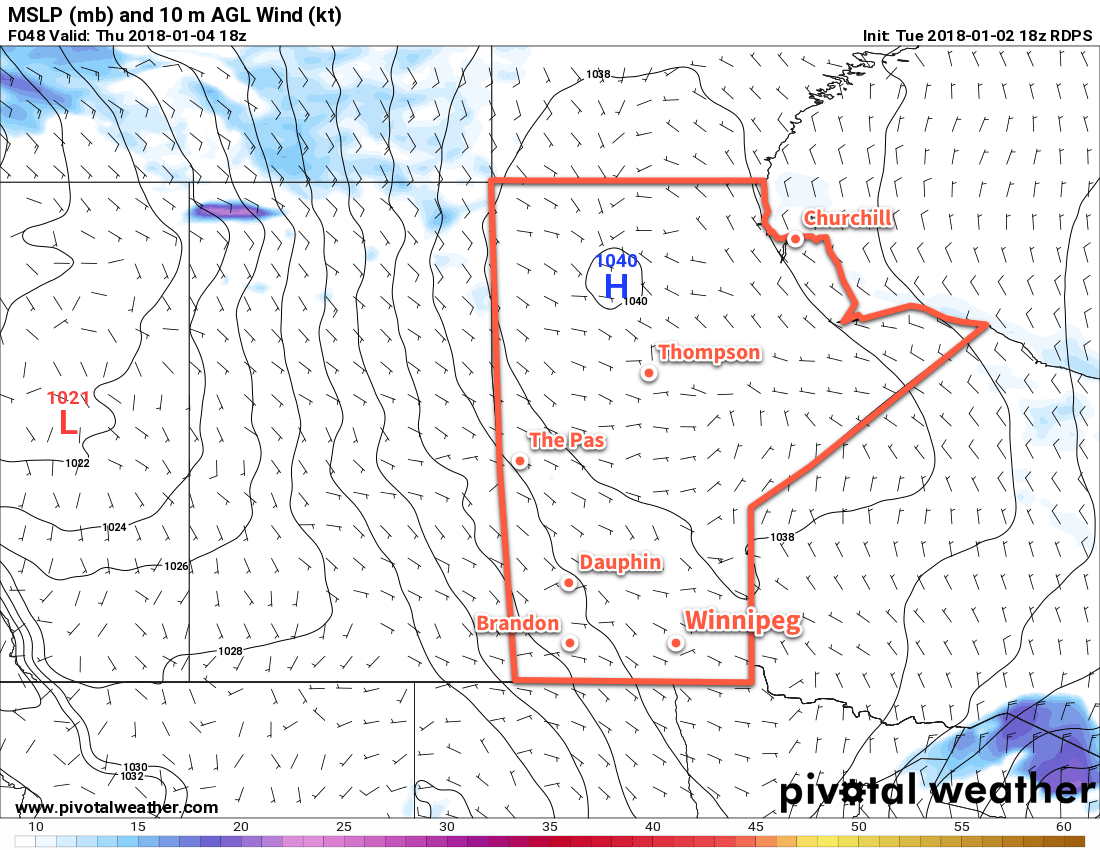 RDPS 2m Wind Speed Forecast with MSLP valid 18Z Thursday January 4, 2018