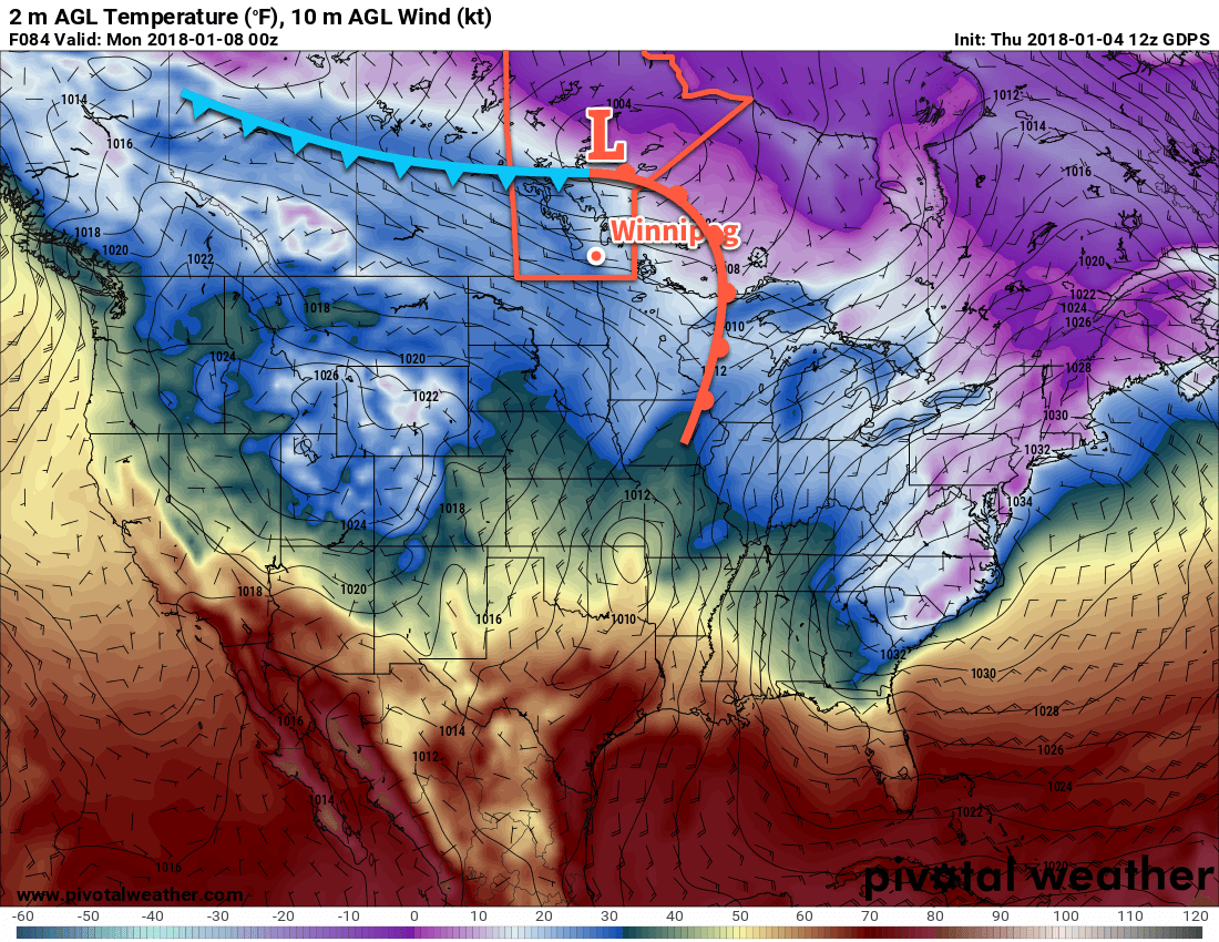 GDPS Forecast 2m Temperature valid 00Z Monday January 8, 2018
