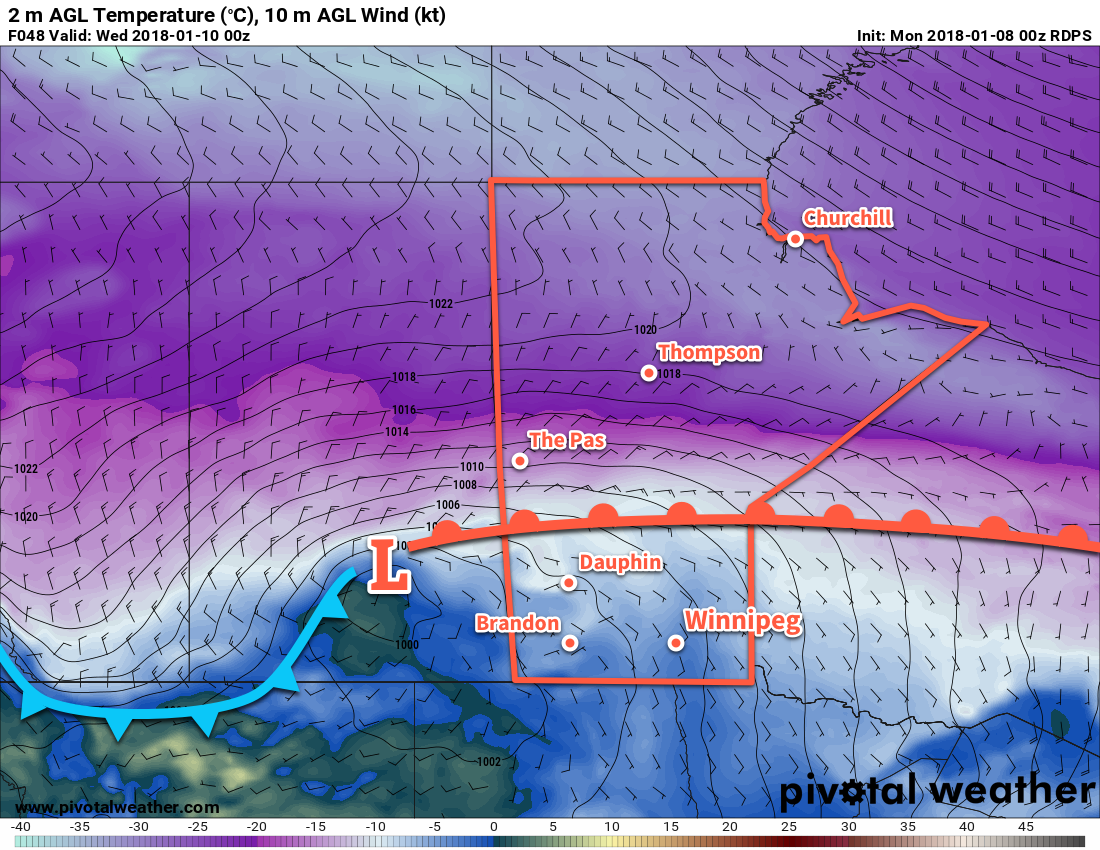 RDPS Forecast 2m Temperature, Wind, and MSLP valid 00Z Wednesday January 10, 2018