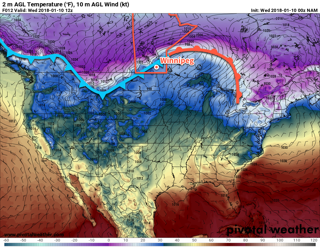 NAM Forecast 2m Temperature valid 12Z Wednesday January 10, 2018