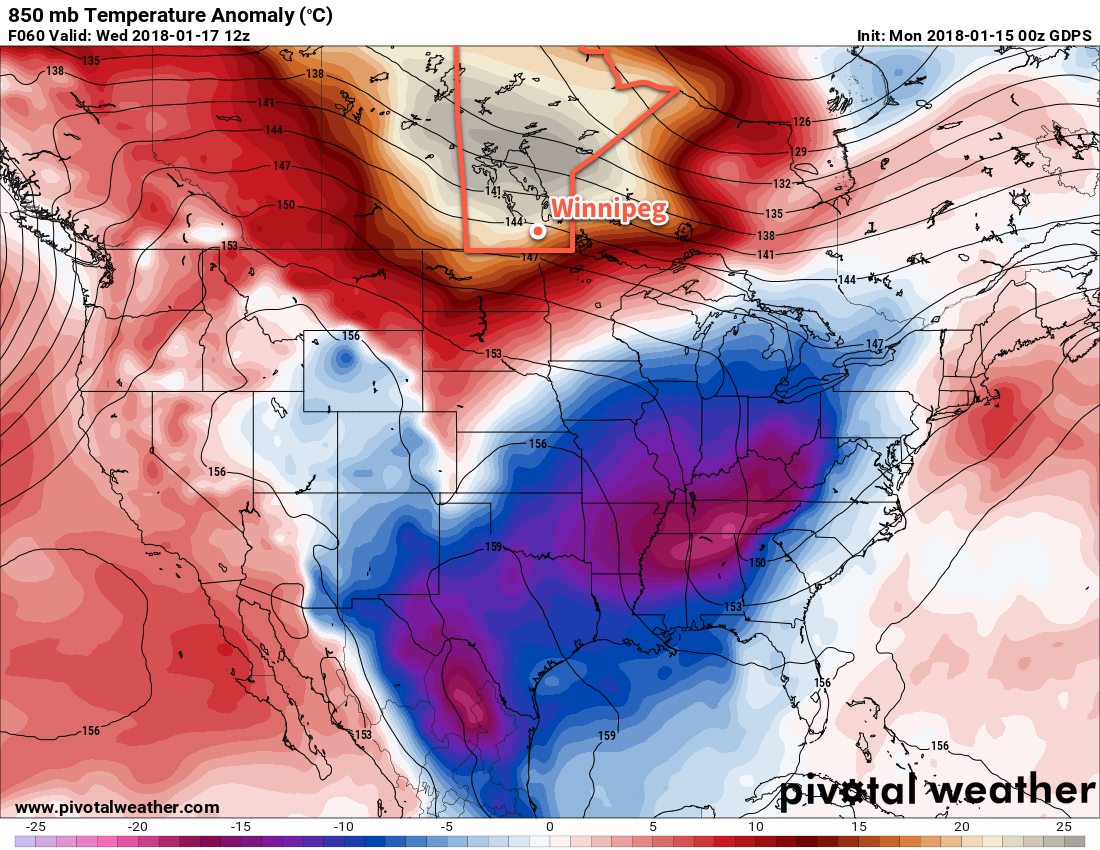 GDPS 850mb Temperature Anomaly Forecast valid 12Z Wednesday January 17, 2018