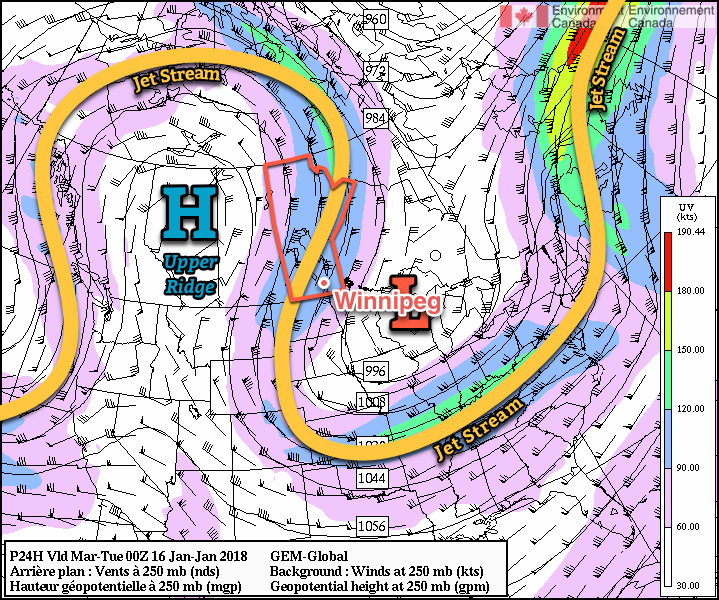 RDPS 250mb Wind Forecast valid 00Z Tuesday January 16, 2018