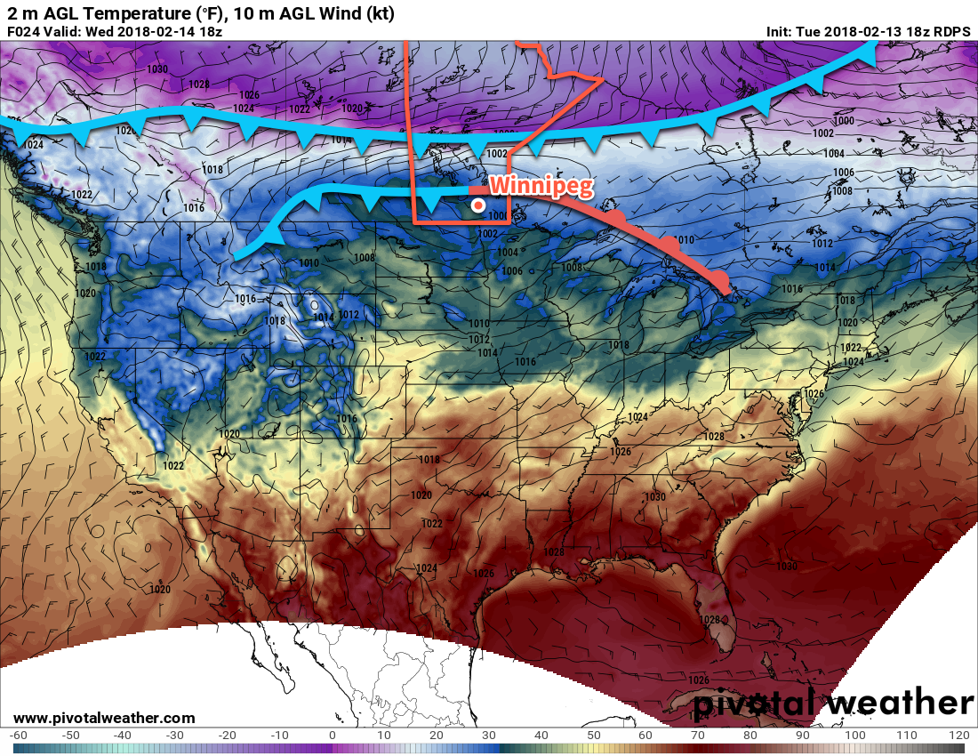 RDPS Forecast 2m Temperature valid 18Z Wednesday February 14, 2018