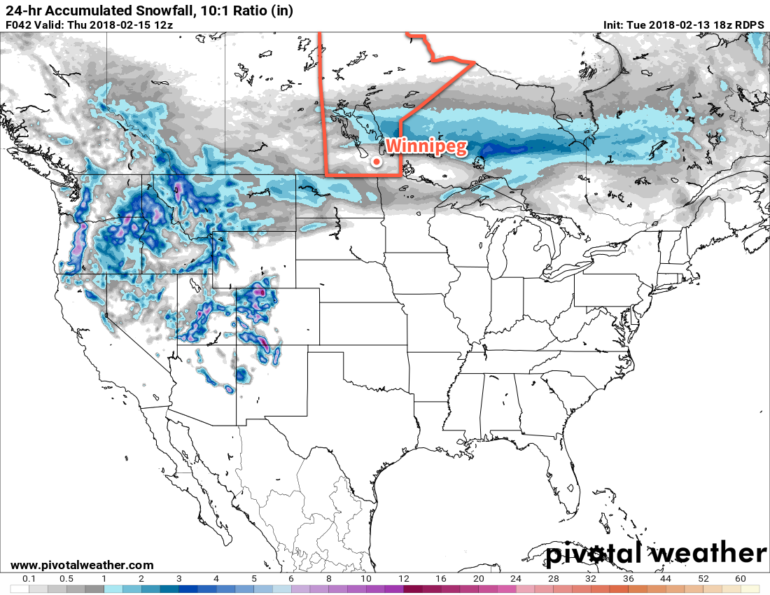RPDS 24hr. Snowfall at 10:1 SLR valid at 12Z Thursday February 15, 2018