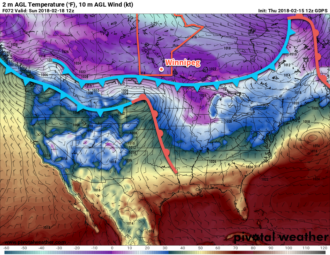 GDPS 2m Temperature Forecast with Annotations valid 12Z Sunday February 18, 2018