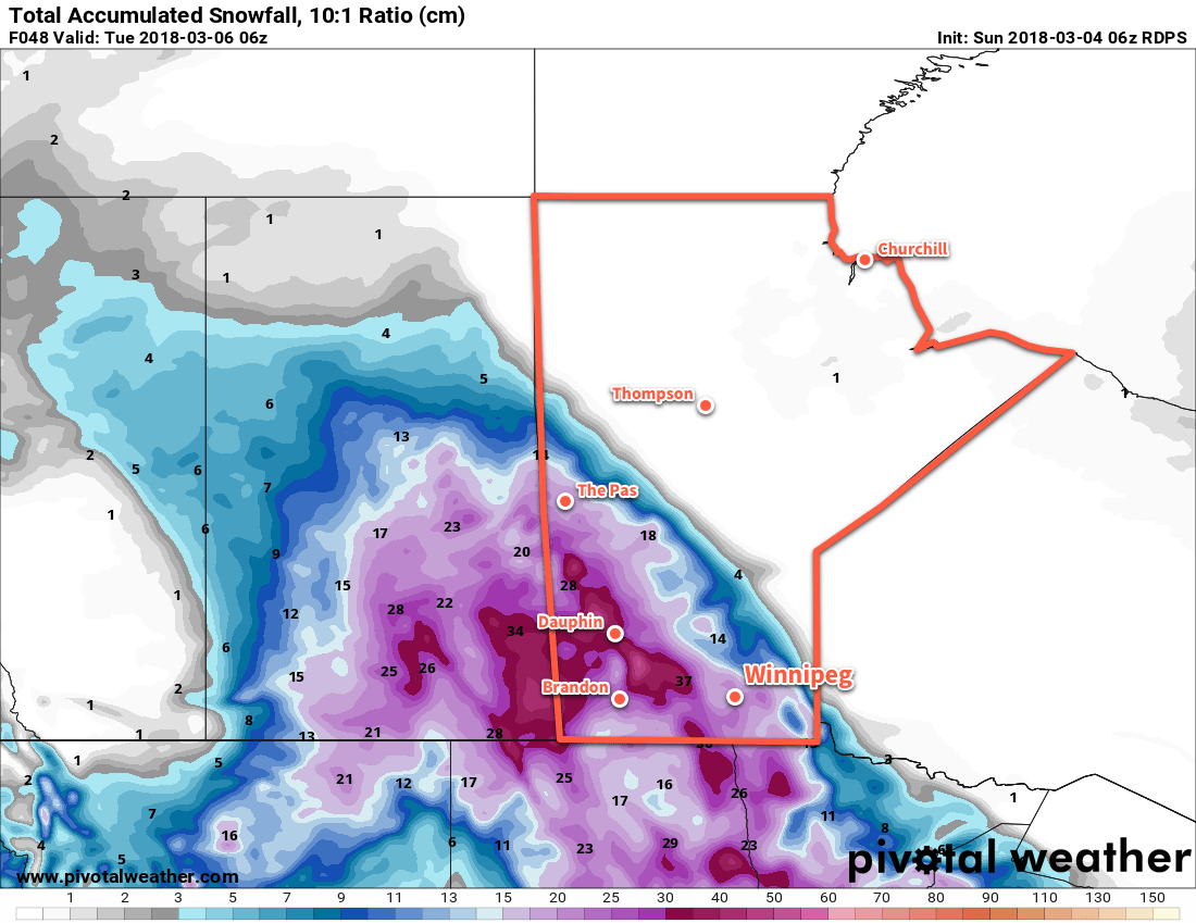 RDPS Accumulated Snow Forecast valid 06Z Tuesday March 7, 2018
