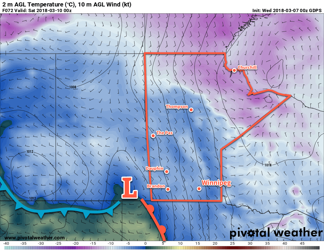 GDPS Forecast 2m Temperatures and 10m Wind Speeds valid 00Z March 10, 2018
