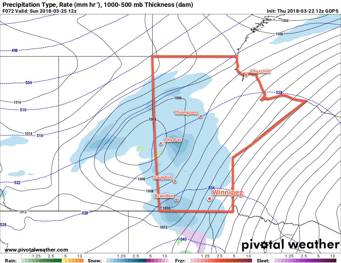 GDPS Precipitation Type/Rate valid 12Z Sunday March 25, 2018