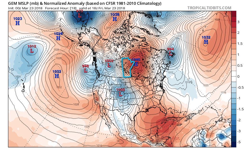 GDPS Normalized Surface Pressure Anomaly valid 18Z Friday March 23, 2018