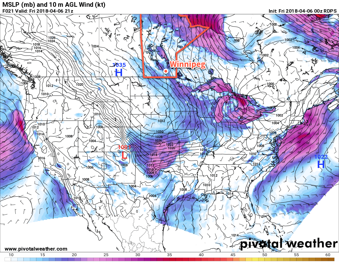 RDPS MSLP & 2m Wind Speed (kt) valid 21Z Friday April 6, 2018