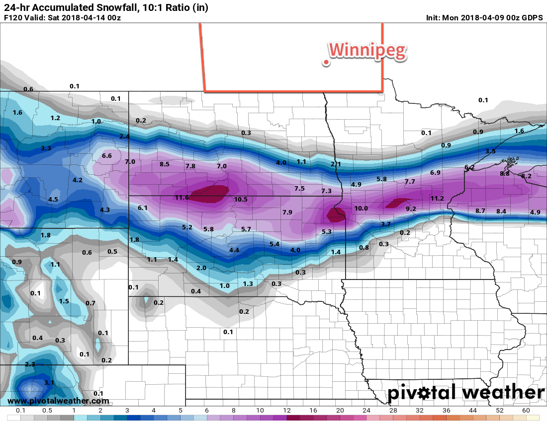 GDPS 24hr. Snowfall Accumulation Forecast valid 00Z Saturday April 14, 2018