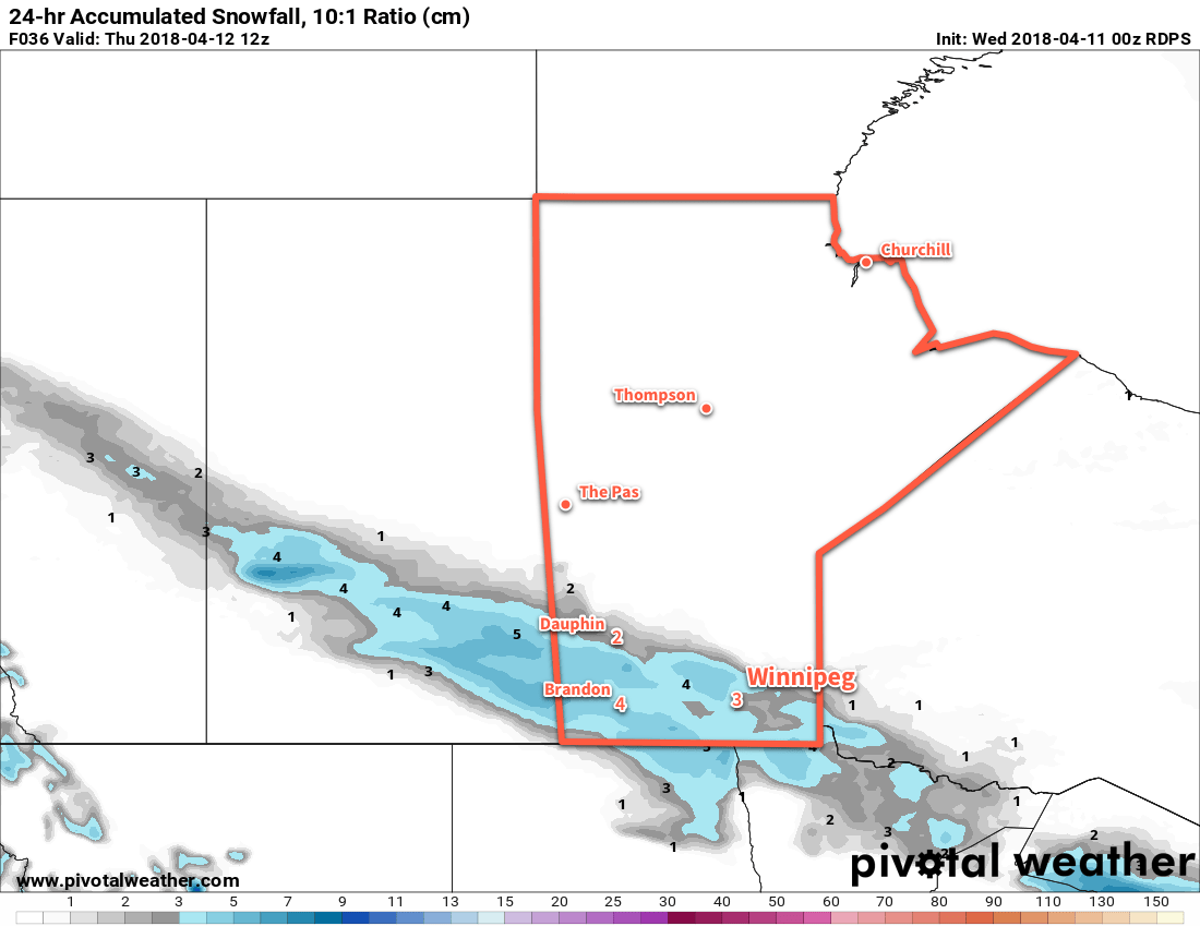 24hr. RDPS Snow Accumulation (at 10:1 SLR) valid 12Z Thursday April 12, 2018