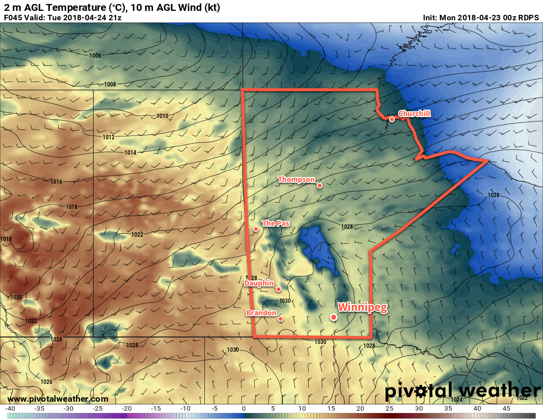 Temperatures in the Red River Valley will be slightly cooler on Tuesday as an area of high pressure moves through, but warmer weather is quickly spreading eastwards across the Prairies behind it.