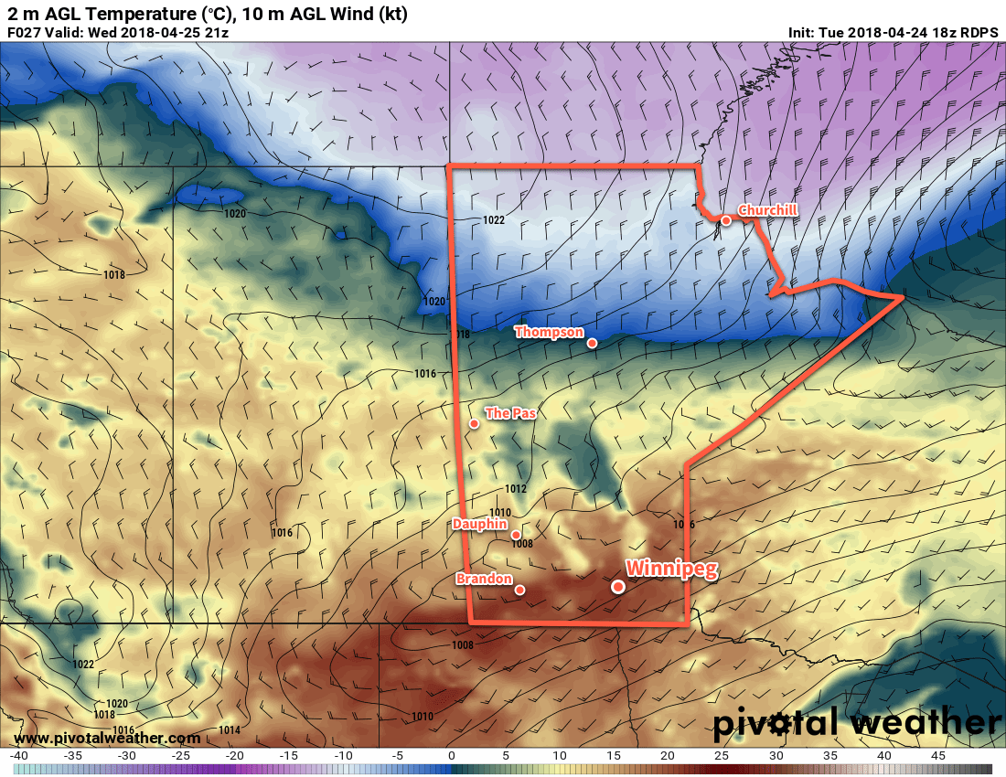 RDPS 2m Temperature Forecast valid 21Z Wednesday April 25, 2018