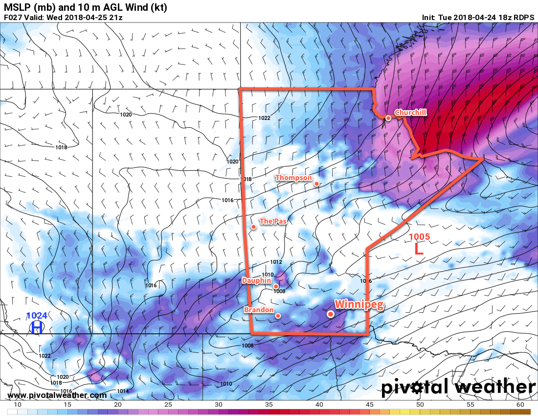 RDPS 10m Wind Forecast Valid 21Z Wednesday April 25, 2018