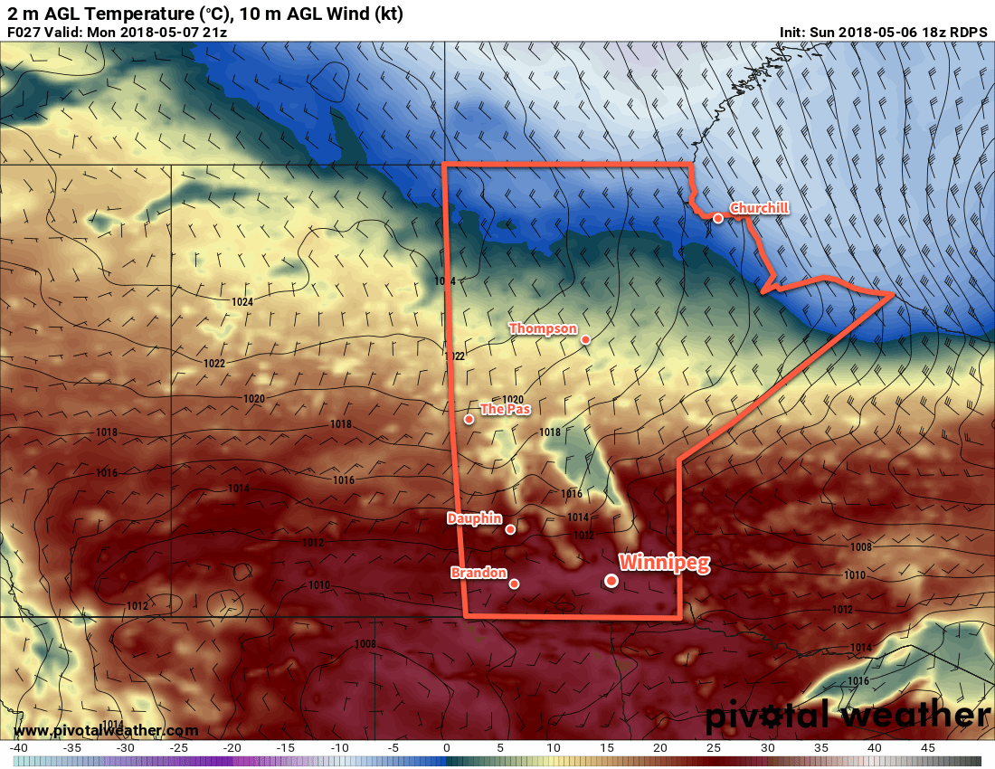 RDPS 2m Temperature Forecast valid 21Z Monday May 7, 2018