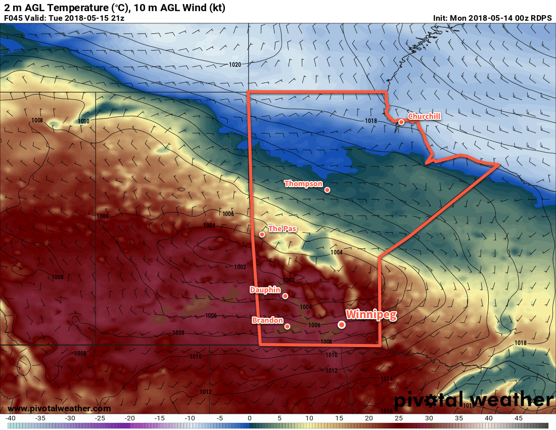 RDPS 2m Temperature Forecast valid 21Z Tuesday May 15, 2018