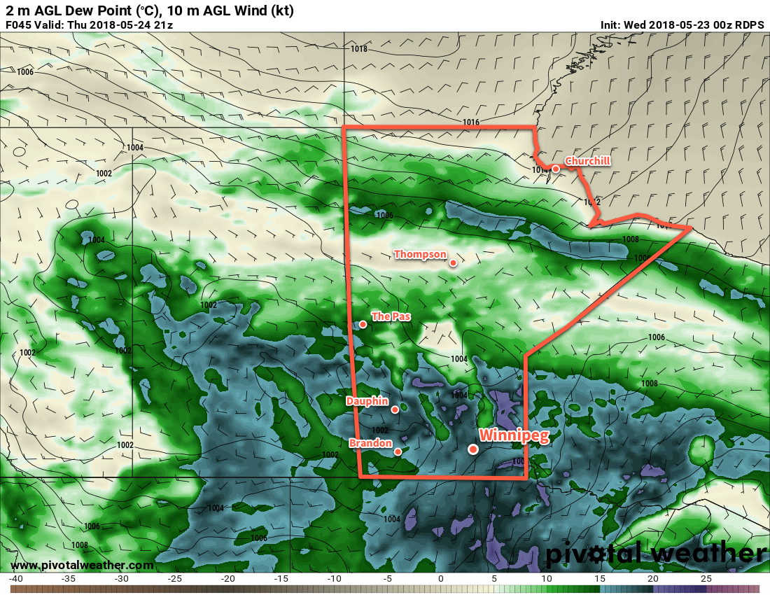 RDPS 2m Dew Point Forecast valid 21Z Thursday May 24, 2018