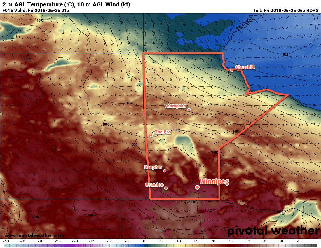 RDPS 2m Temperature Forecast valid 21Z Friday May 25, 2018