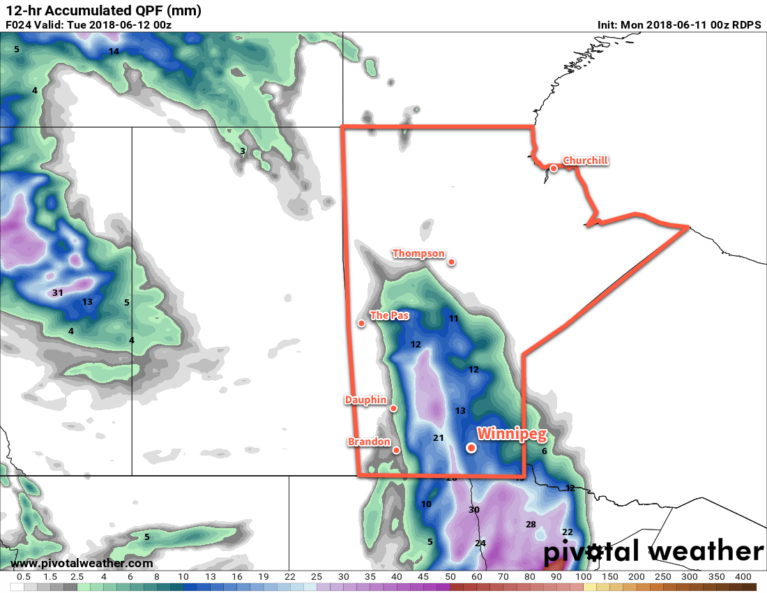 Many regions in the Red River Valley could see 10 to 20mm of rain by the end of the day today as showers move through the region