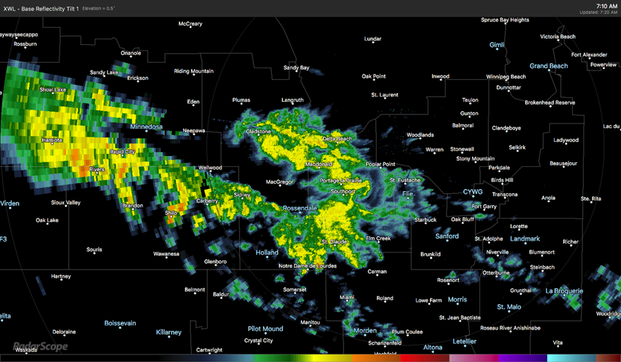 Winnipeg finds itself along the eastern edge of a band of showers streching across the western Red River Valley this morning