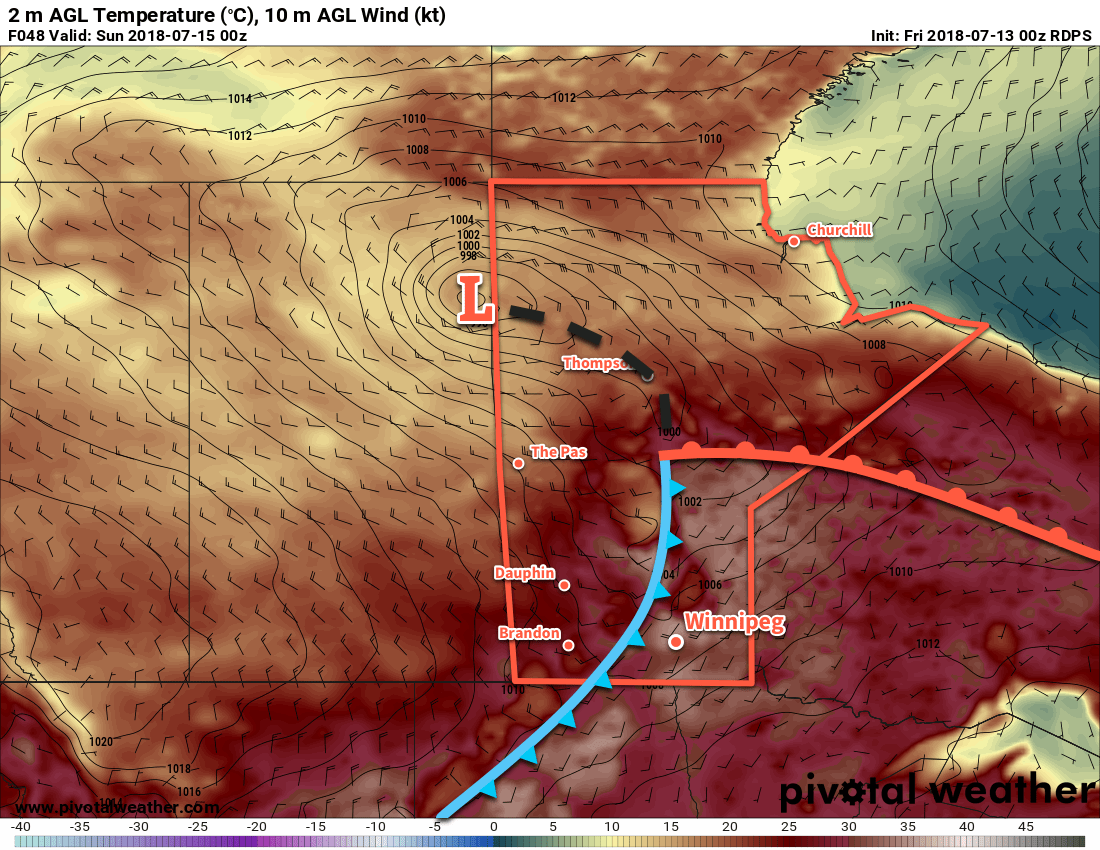 A sharp cold front will surge southeastwards through the Red River Valley on Saturday evening.