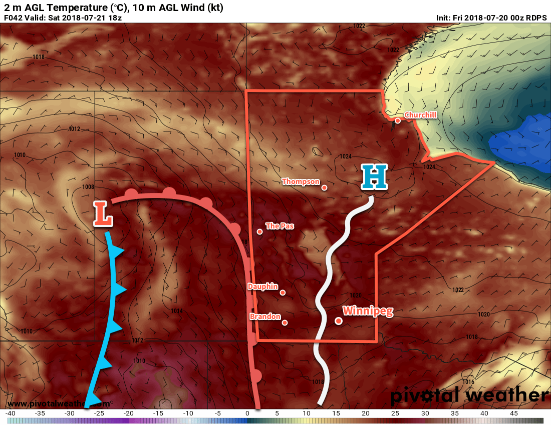 RDPS 2m Temperature Forecast valid 18Z Saturday July 21, 2018