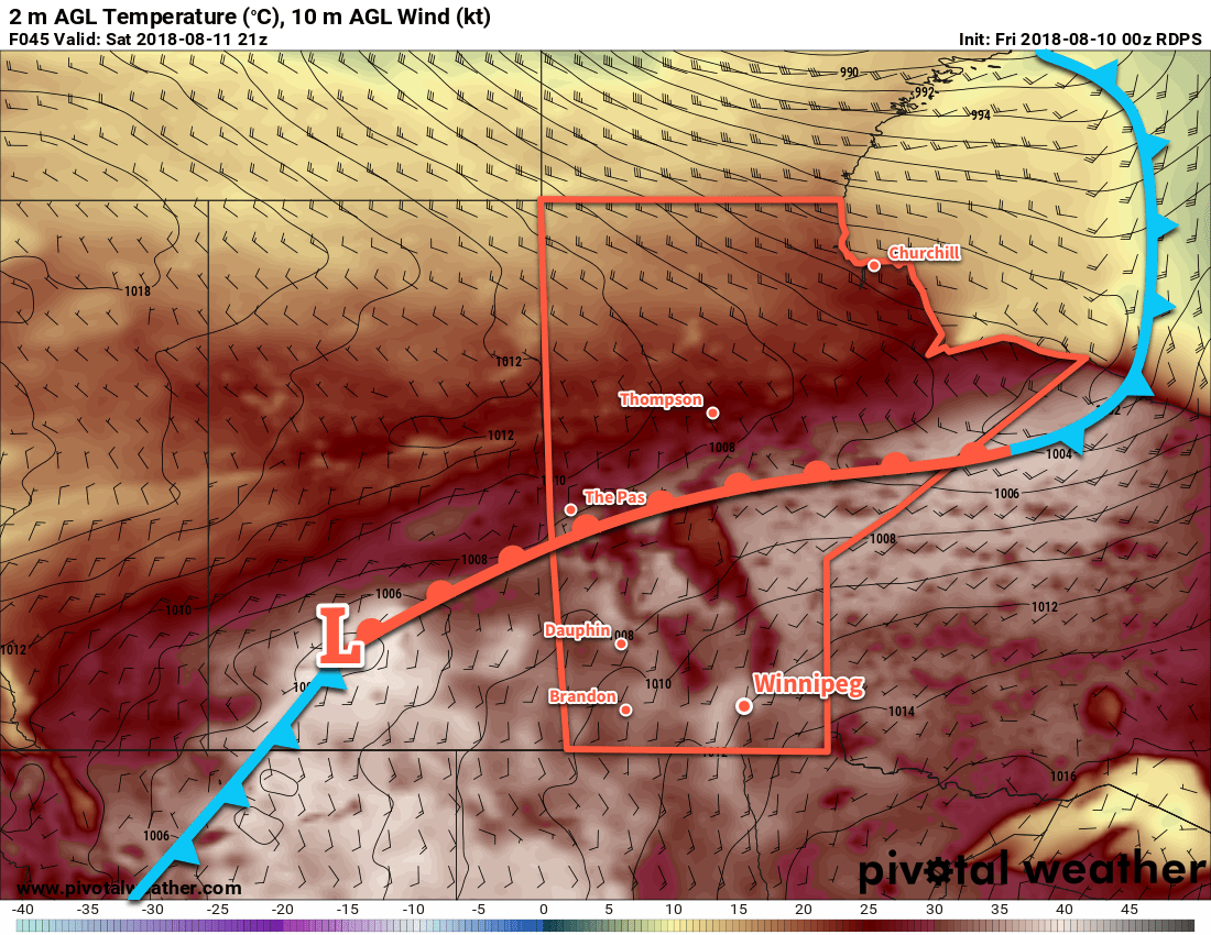 RDPS 2m Temperature Forecast valid 21Z Saturday August 11, 2018