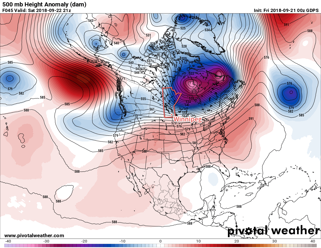 GDPS 500mb Height Anomaly Forecast valid 21Z Saturday September 22, 2018