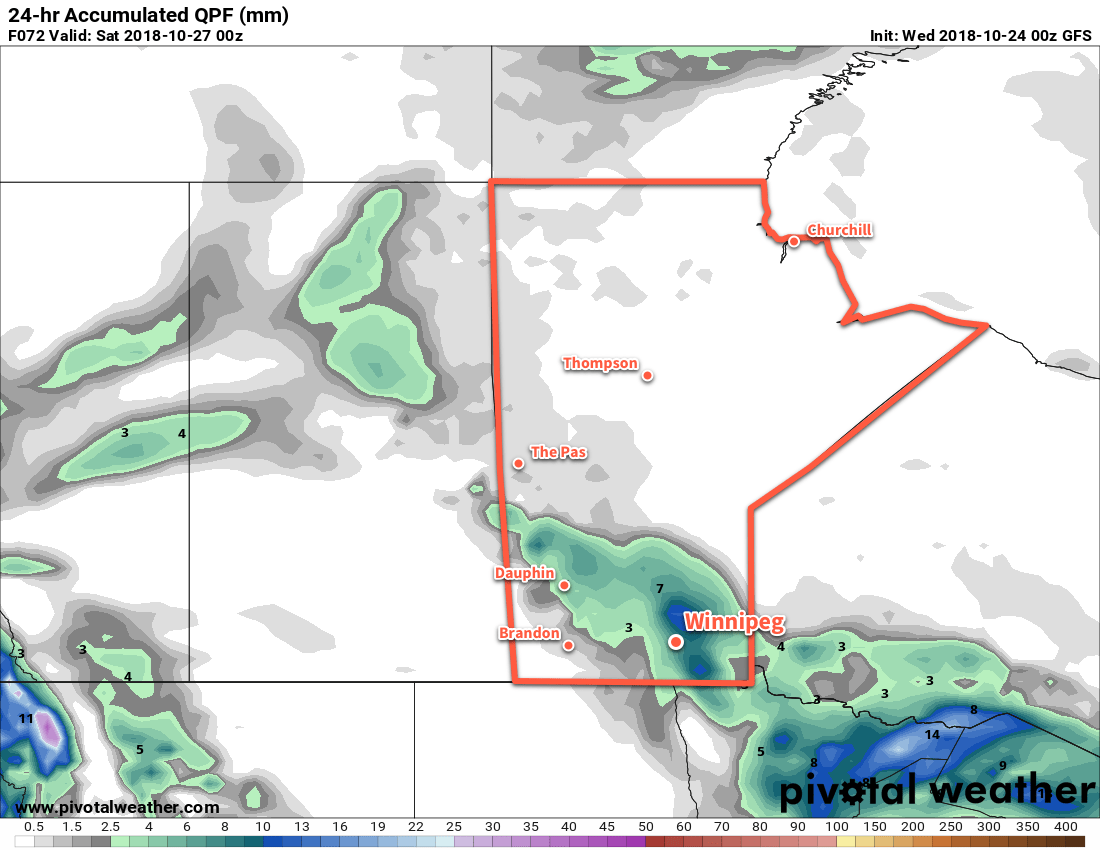 Winnipeg may see some organized light rain on Friday morning, however model confidence in the location of the rain is low.