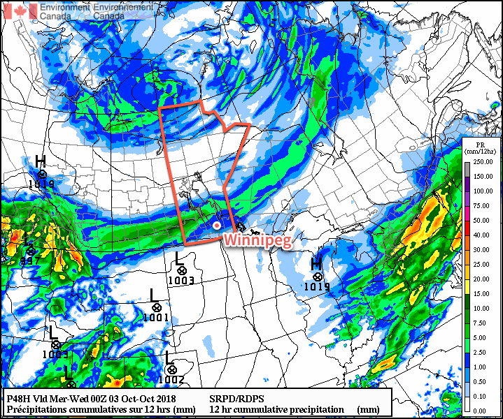 A band of rain will spread through the Parkland and Interlake regions on Tuesday, remaining north of Winnipeg...probably.
