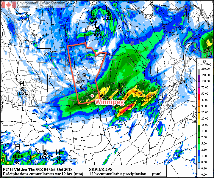 Southern Manitoba will see a swath of 10-15 mm of liquid-equivalent precipitation today; some of that will likely fall as snow.