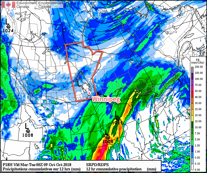 Winnipeg will see a chance of light rain or drizzle today, but organized rain will be passing by to the south and east.