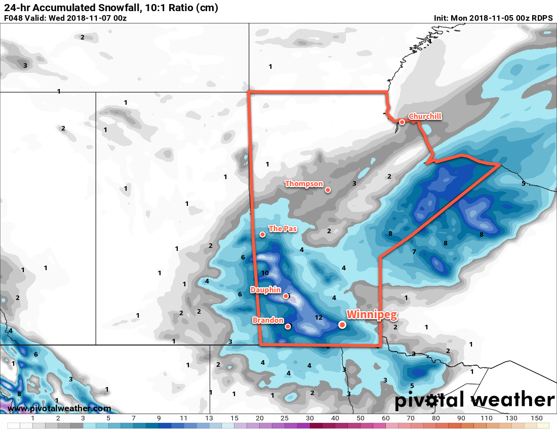 Forecasted snowfall from Tuesday evening to Wednesday evening. These values are likely slightly too high due to inflated snow-to-liquid water ratio values.