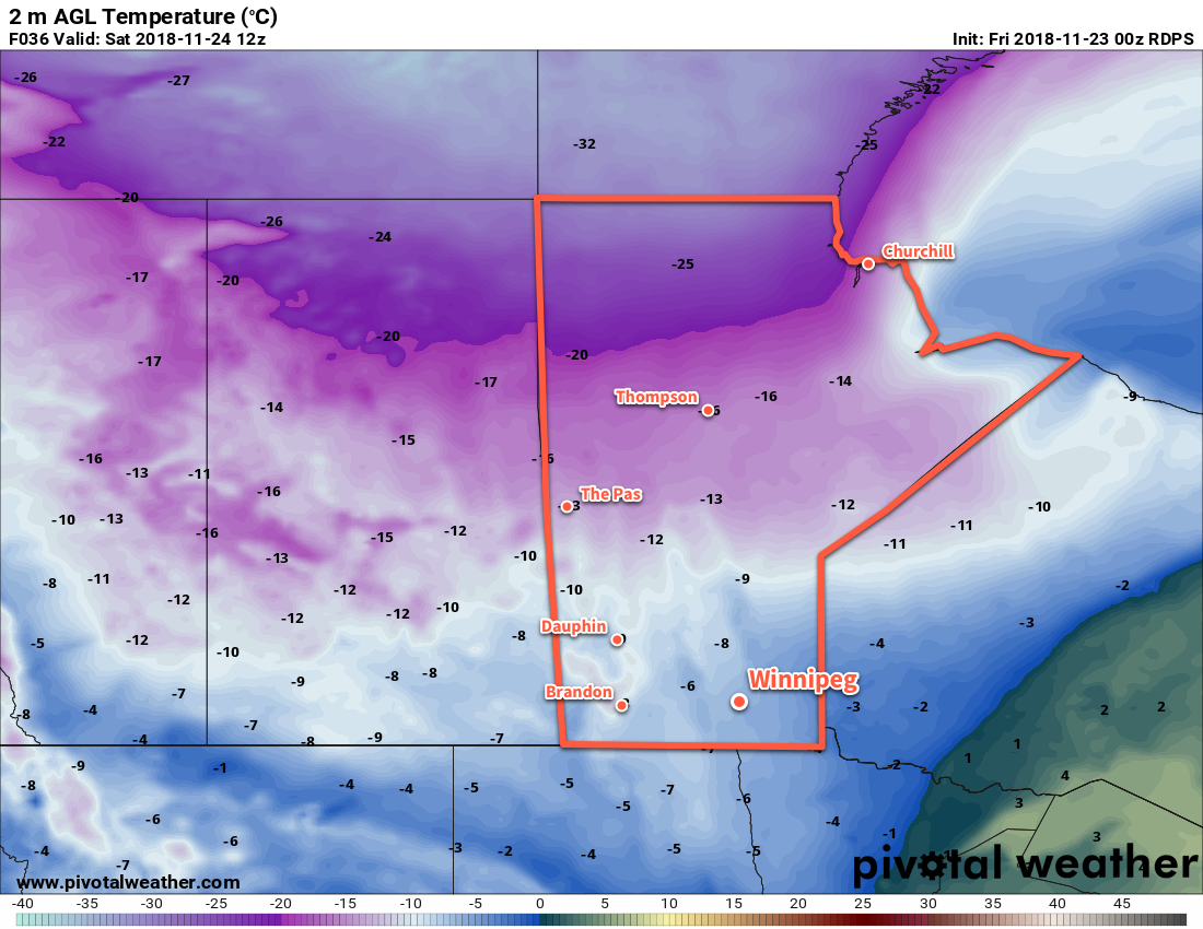 Saturday will see temperatures remain steady near -6°C in Winnipeg as an Arctic air mass gradually pushes southwards into the Prairies.