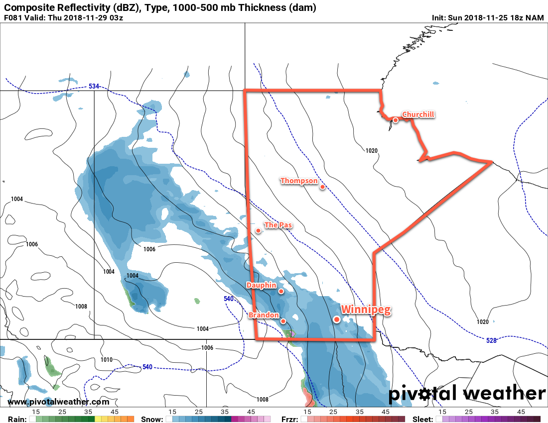 A band of snow will push across portions of Southern Manitoba on Wednesday afternoon and evening.