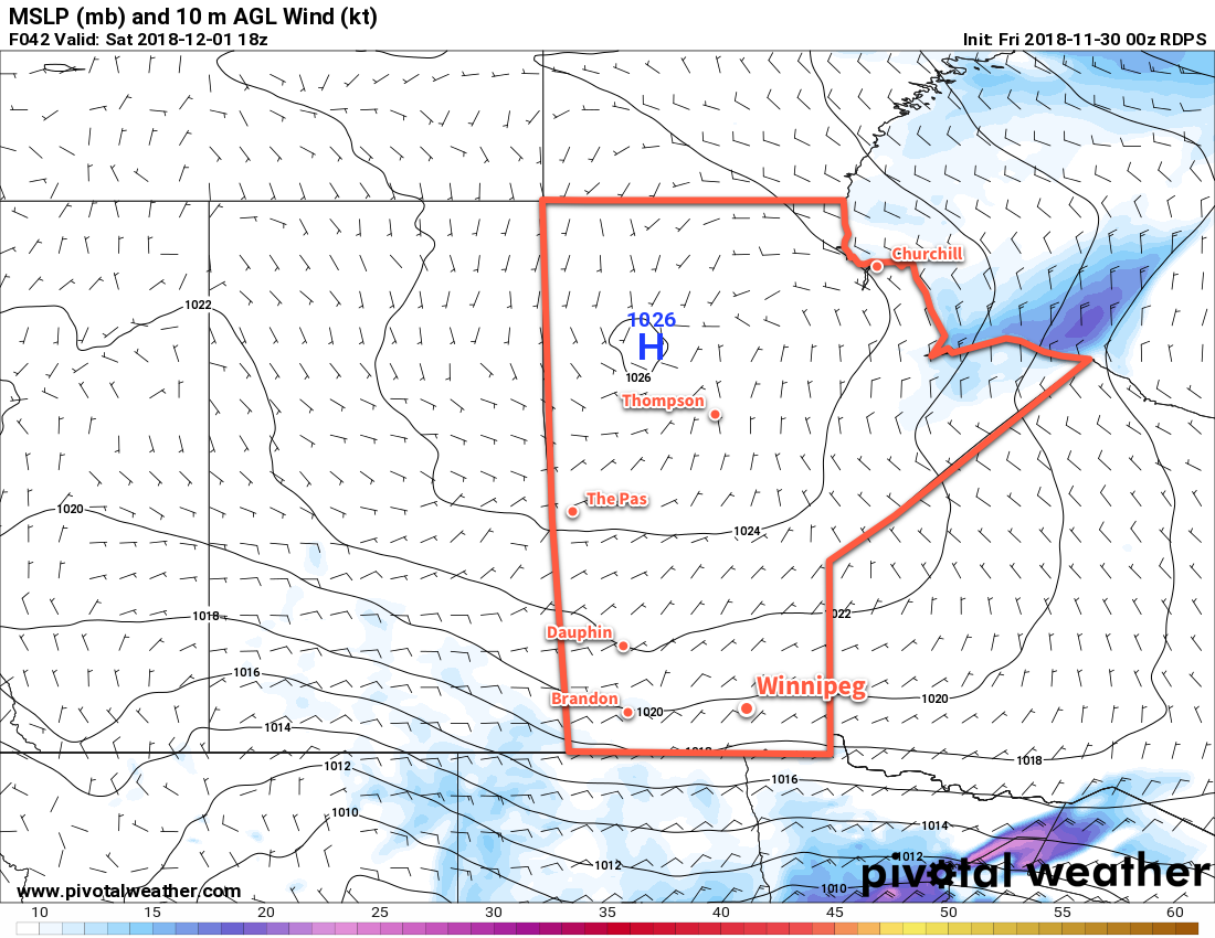 A broad Arctic high will slowly build southwards into Manitoba through the weekend.