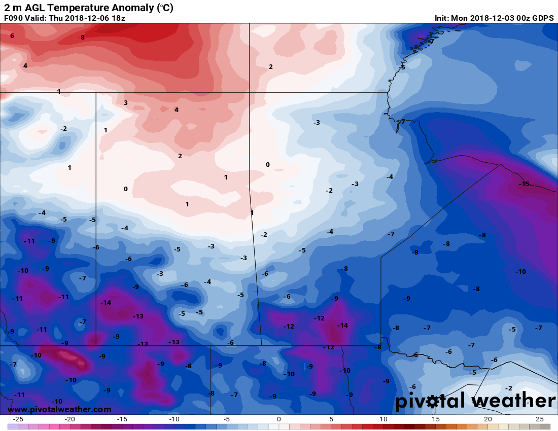 This forecast map of temperature anomalies for Thursday shows the wide swath of temperatures well below seasonal values across the southern Prairies.