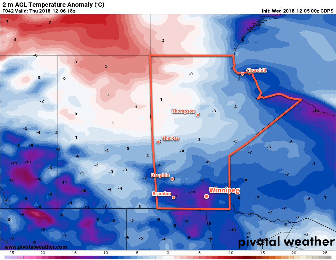 This forecast of temperature departures from seasonal show the core of the coldest air over southern Manitoba midday Thursday. Note, however, the flood of warmer temperatures quickly spreading back into the Northern Prairies in its wake.