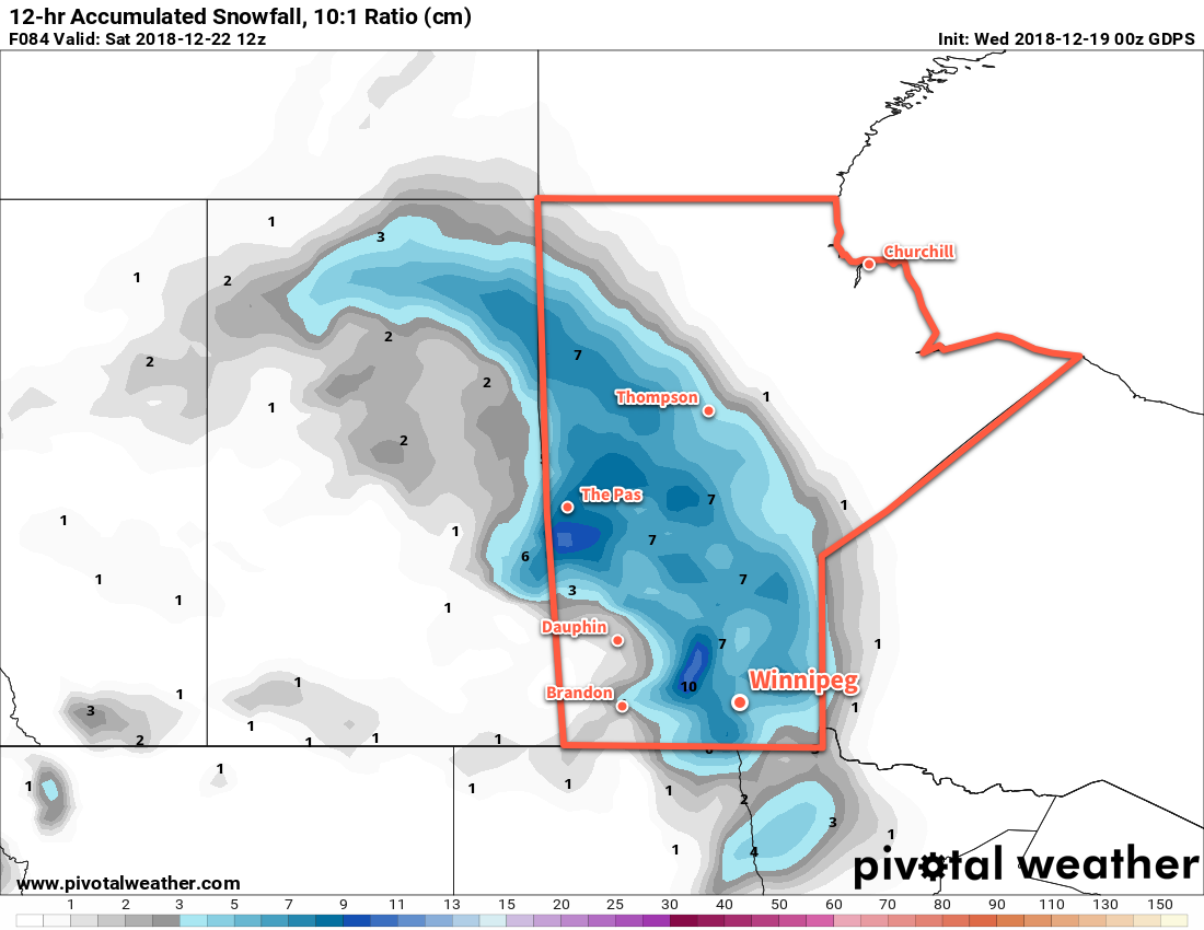 A broad area of snow will develop across Manitoba on Friday night.