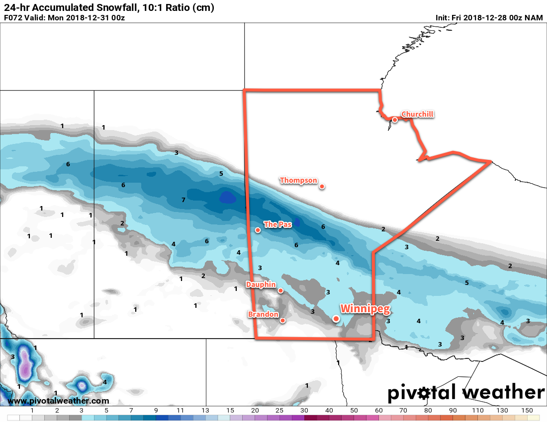 Total snowfall is forecast to be near 2-4cm in WInnipeg with this weekend's clipper system.