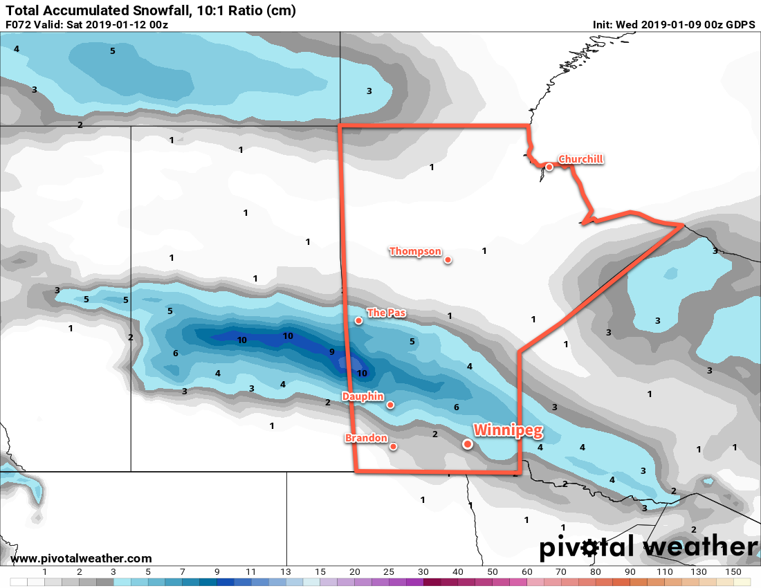 A low pressure system will bring accumulating snow to portions of central Manitoba and light snow to Winnipeg and the Red River Valley through the second half of the week.
