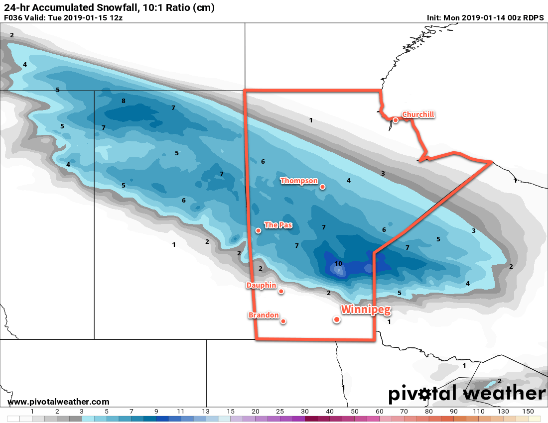 The snowfall associated with the Alberta clipper will fall mainly through northern Saskatchewan and central Manitoba.
