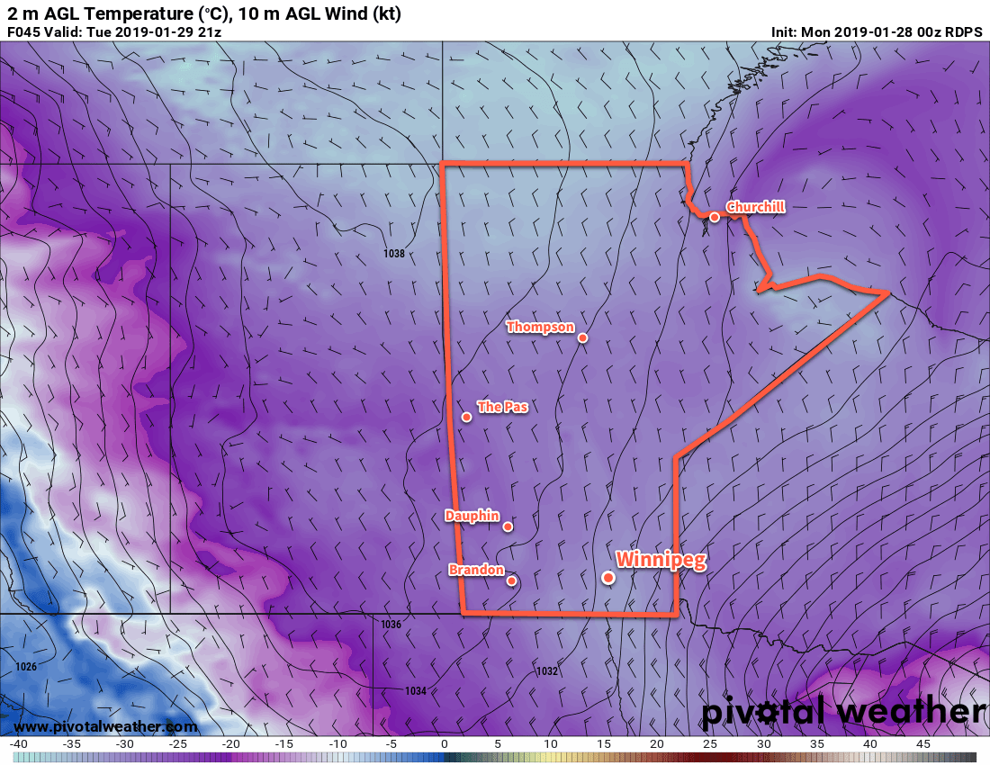 Temperatures will struggle to climb to -30°C in the Red River Valley on Tuesday.