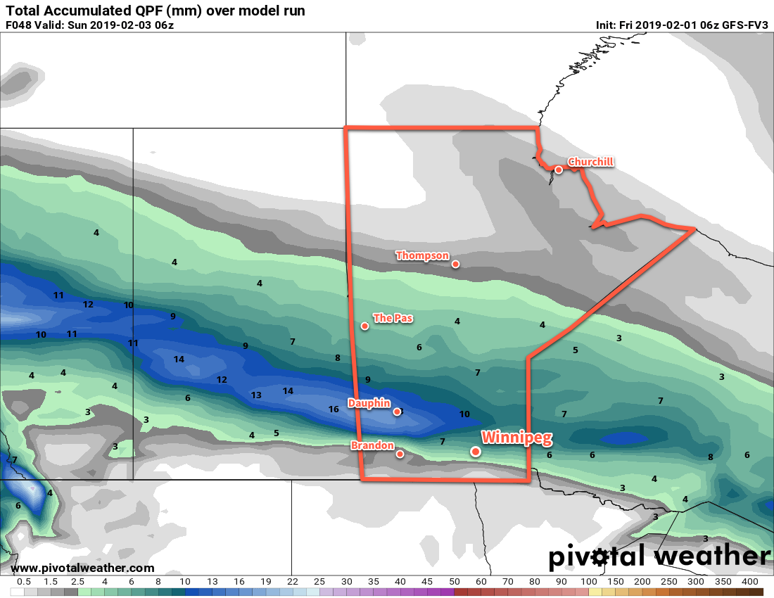 A large swath of the Prairies will see up to 30 cm of snow over the next 2 days, but Winnipeg is forecast to miss out on most of it.
